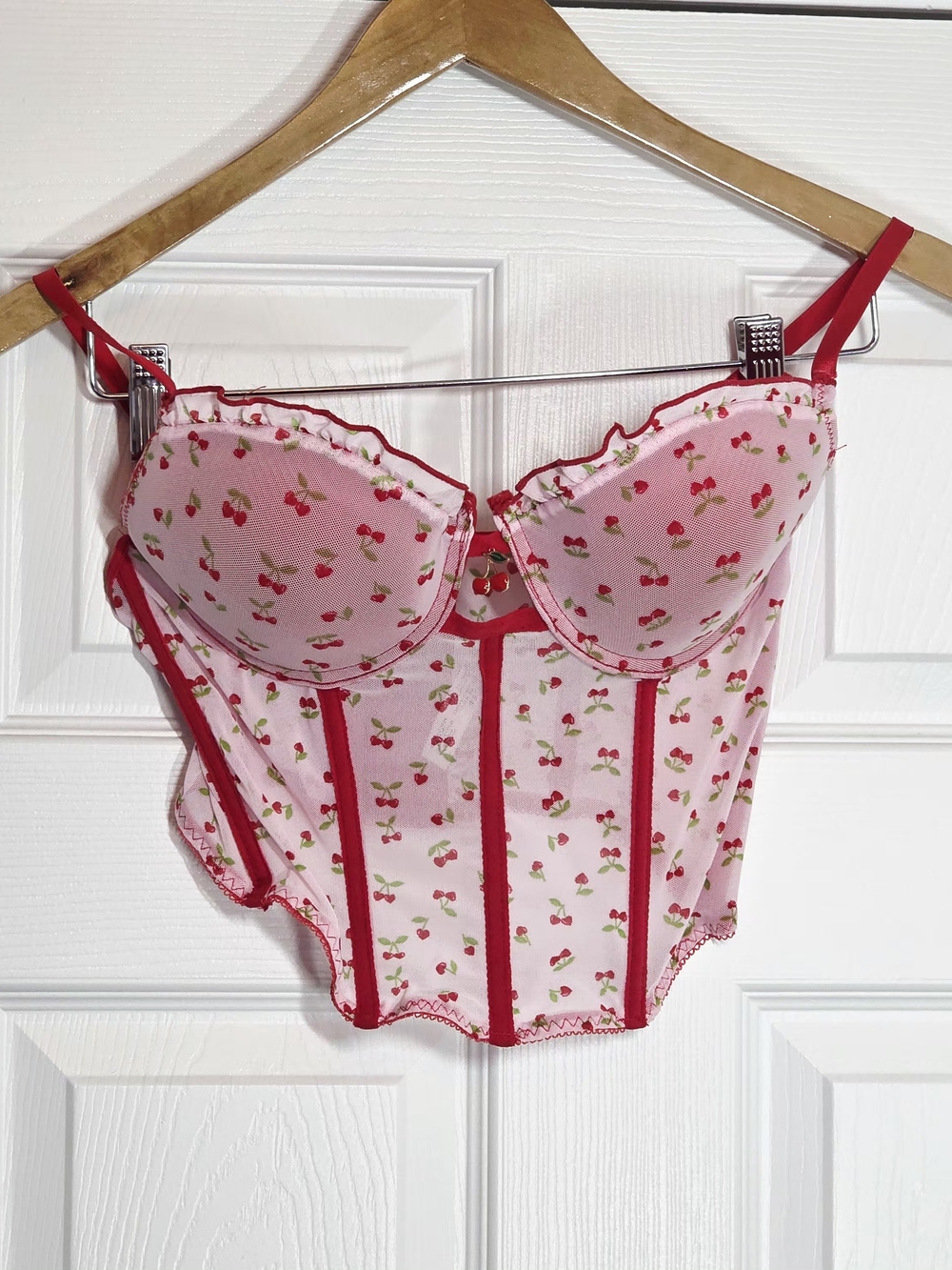 Rampage Pink Cherry-Print Bustier with Red Trim